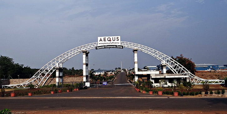aequs, SEZ, økonomiske zone, fremstillingsvirksomhed, indgangen gate, Belgaum, Indien