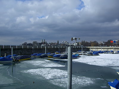 tekne liman, Friedrichshafen, buz, dinamik bir tekne, ışık, Gölge, bulutlar