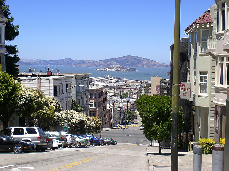 Alcatraz, San francisco, pohľad z ulice, Hill, Kalifornia, domy
