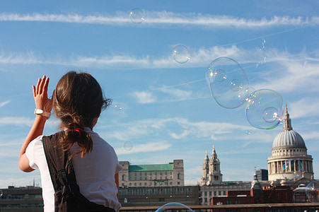 soap bubbles, london, little girl, game, sky, play