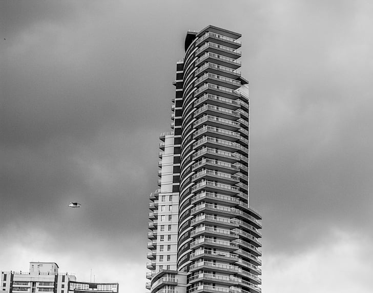 building, city, urban, sky, clouds, grayscale, skyscraper