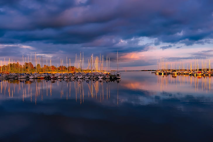denmark, sky, clouds, sunset, dusk, boats, ships