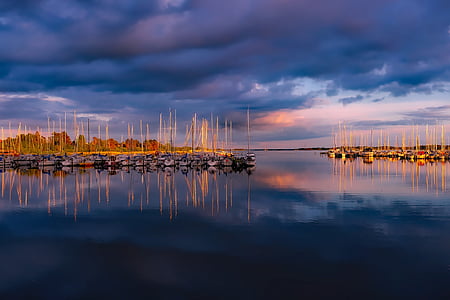 Danimarca, cielo, nuvole, tramonto, crepuscolo, Barche, navi