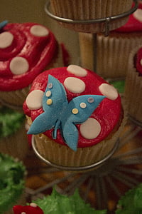 tårta, fjäril, isbildning, röd, blå, pudding, cupcake
