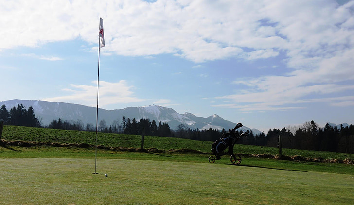 parcours de golf, drapeau de golf, trou, piste 2, Alpenblick, tapotement