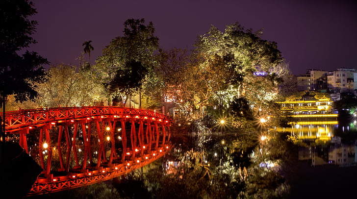 thue huc bridge, hoan kiem lake, ha noi, vietnam, evening lights, scenery, illuminated