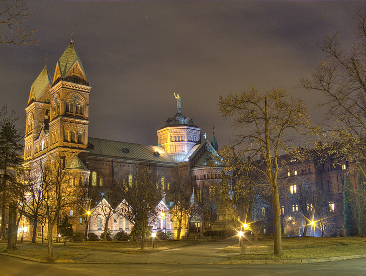 a bazilika, templom, építészet, Katowice, éjszaka, Lengyelország
