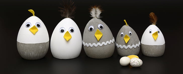 concrete chick, concrete, tinker, chickens, grey and white, feather, sugar eggs