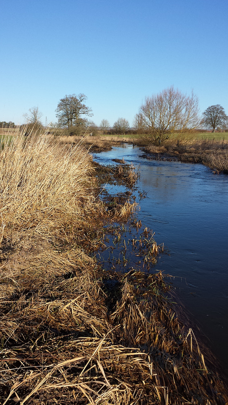 river, winter, countryside, rural, sky, water