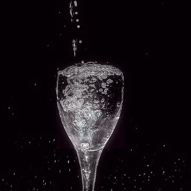 glass, water, bubble, black and white, sparkle, drop of water, freshness