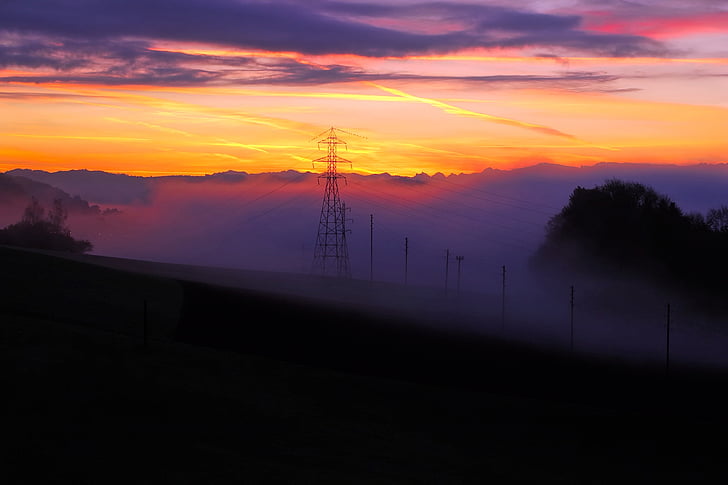 スイス, 霧, ヘイズ, 風景, 電力線, 空, 雲