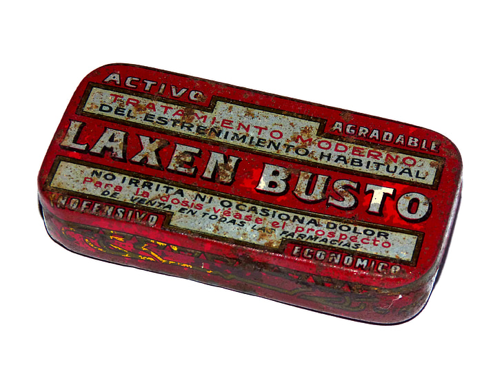Pojemnik metalowy, środek przeczyszczający, stary, Vintage, stary lek, Laxen biust, reklamy