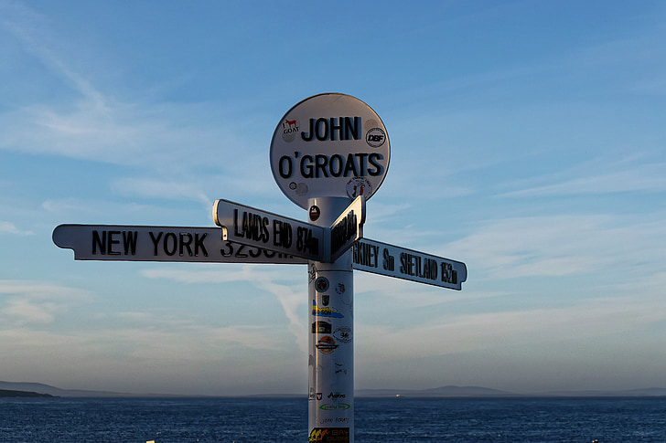 John o ' Groats, cartel de John o ' Groats, atracción, Gran Bretaña, promontorio, poste indicador, Turismo