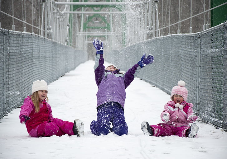 holky, sníh, hrát, Most, sestry, dítě, zábava