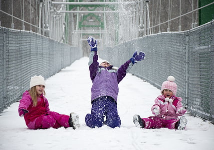 meninas, neve, jogar, ponte, irmãs, criança, diversão