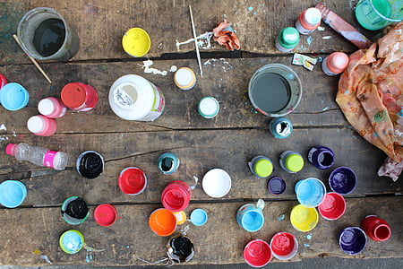 farger, flasker pensel, flaske, væske, tabell