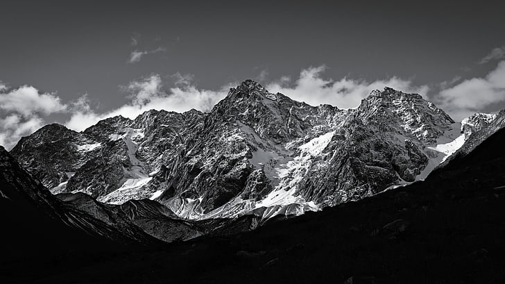 grå, skala, fotografi, snø, fjell, svart-hvitt, landskapet