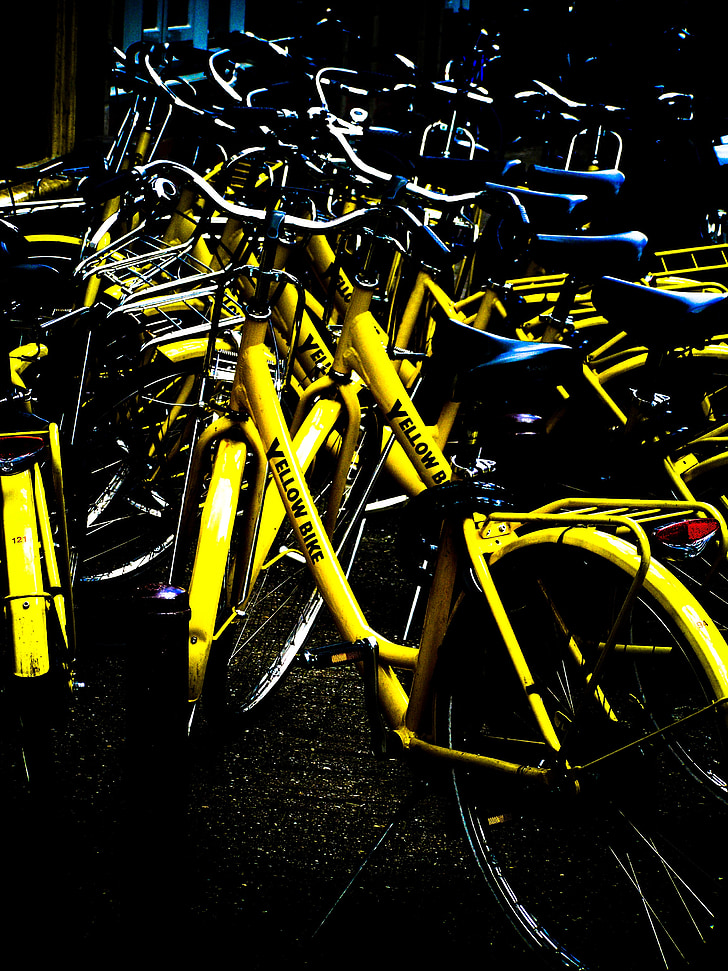 bikes, yellow, amsterdam, street, bicycle, netherlands, dutch