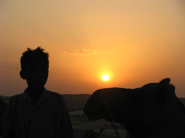 solnedgång, Rajasthan, Indien, naturen, siluett, män, Sky