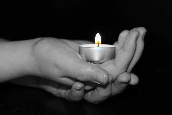 candle, tealight, light, children's hands, interlaid, flame, candlelight