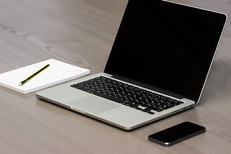 ябълка, смартфон, бюро, лаптоп, MacBook pro, бележник, офис