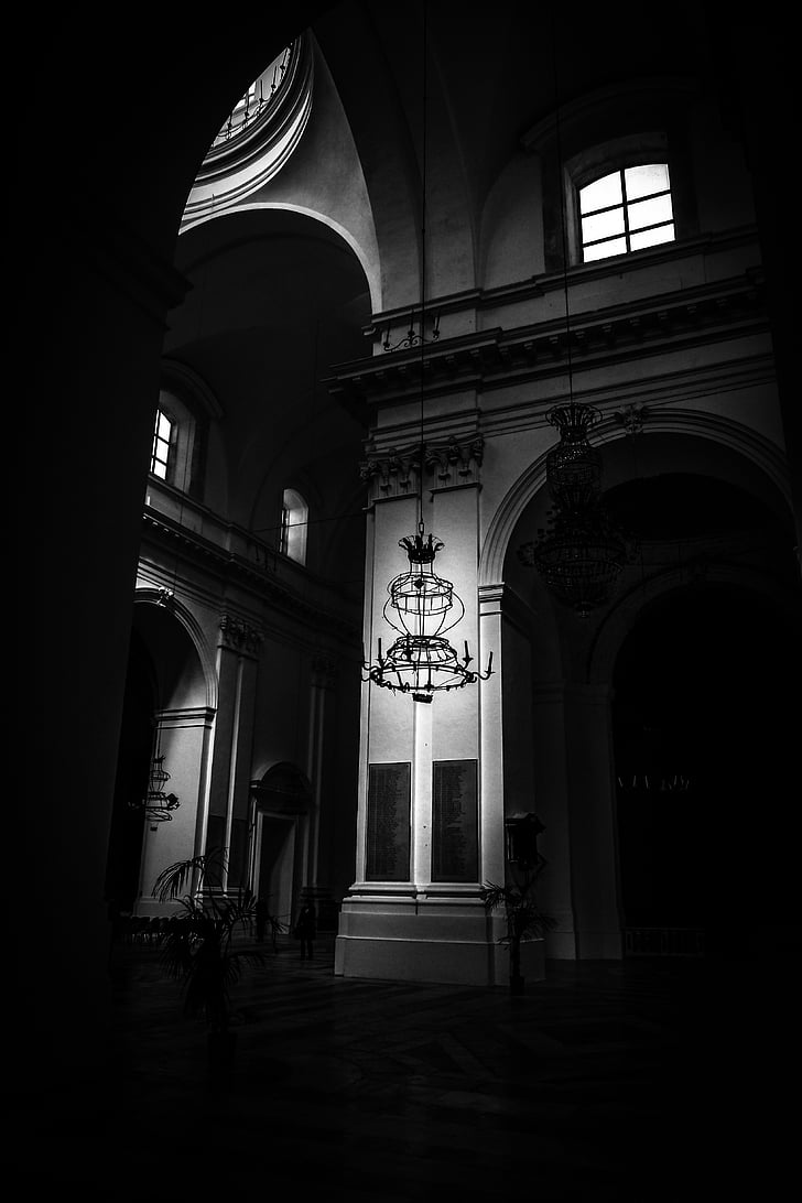 arches, en noir et blanc, sombre, lampe, ombres