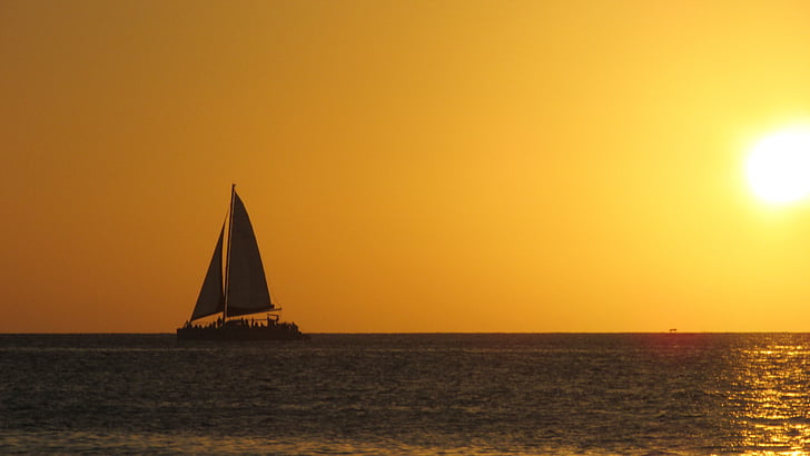 solnedgång, Karibien, stranden, scen, orange färg, solen, segelbåt