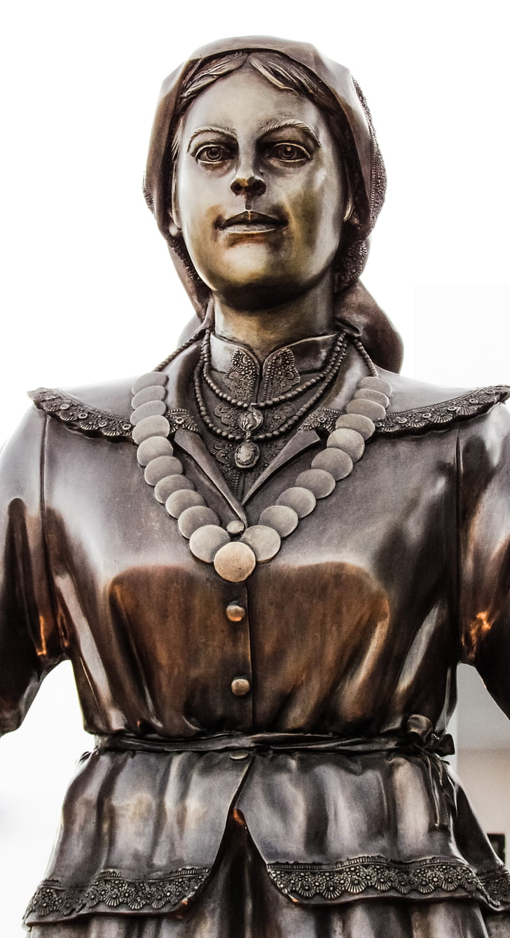 the lady of sotira, sculpture, statue, bronze, woman, lady, costume