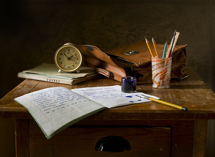 still life, school, retro, ink, desk, clock, table
