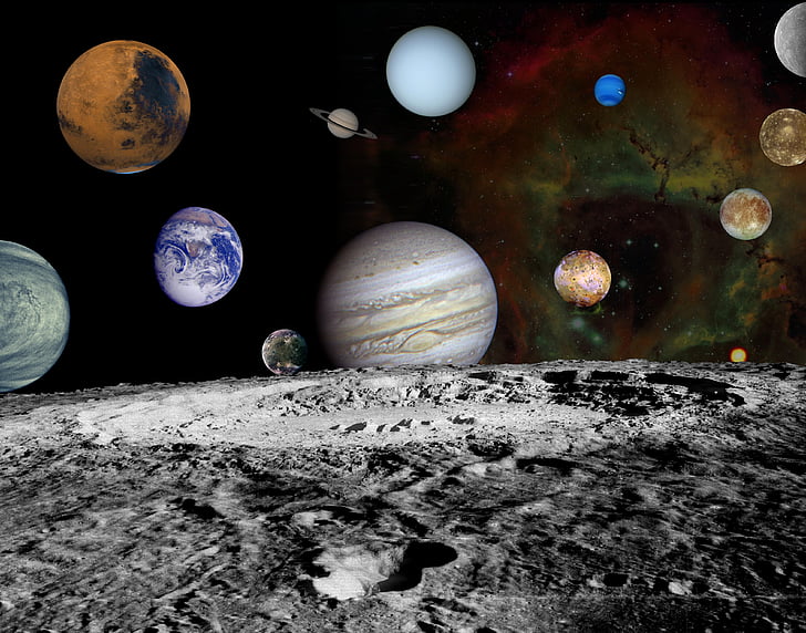 Raum, Montage, Voyager, Bilder, Raumschiff, Planeten, Monde