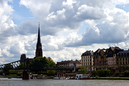 Frankfurt, huvudsakliga, Skyline, Bridge, floden, sommar