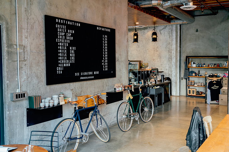 places, restaurant, cafe, shop, interior, bicycles, coffeeshop