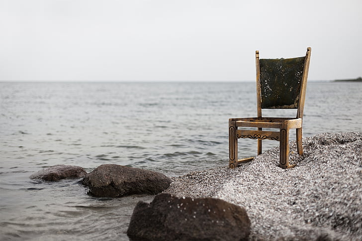 bruin, houten, Armless, stoel, in de buurt van, zee, overdag