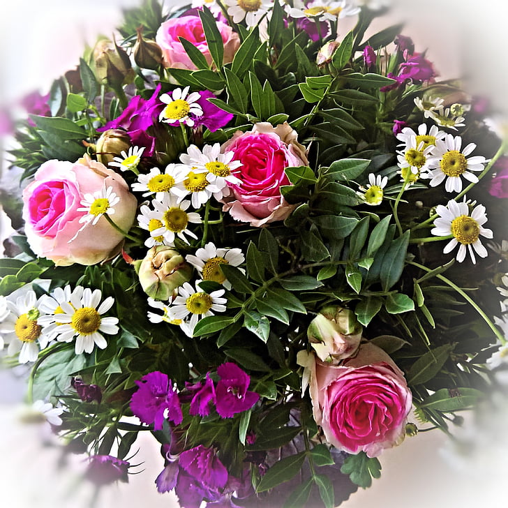 bouquet, pink red roses, small daisies, white, purple summer flowers, bound, beautiful