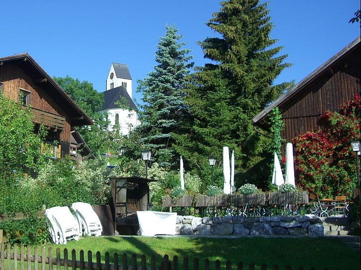 Restaurante jardim, dia de folga, abeto, Igreja, Mittelberg, céu, azul