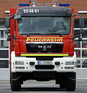camion de pompier, rouge, Auto, feu, lumière bleue, Emsland, bénévoles