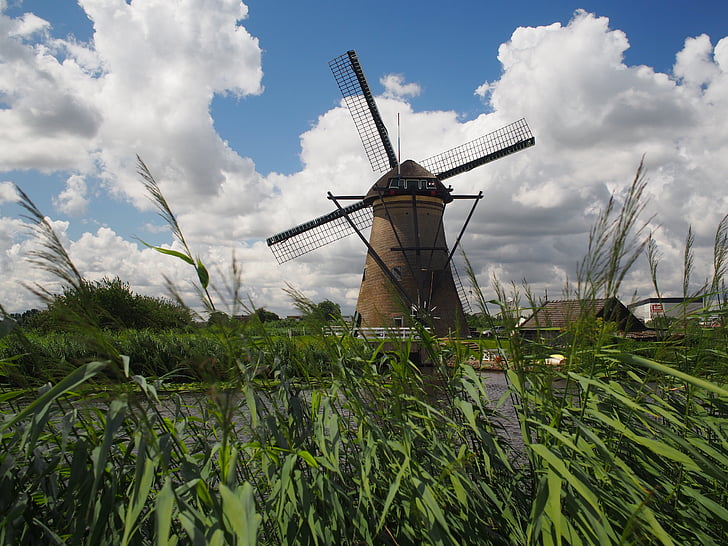 Veterný mlyn, vpred, daždivé, Holandsko, Dovolenka, vietor, oblaky