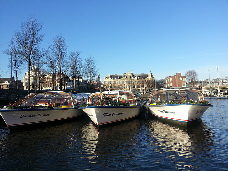 båtar, Amsterdam, Canal, kanal, Holland, Nederländerna, Juldekoration