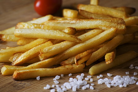 french, fries, brown, chopping, board, french fries, salt