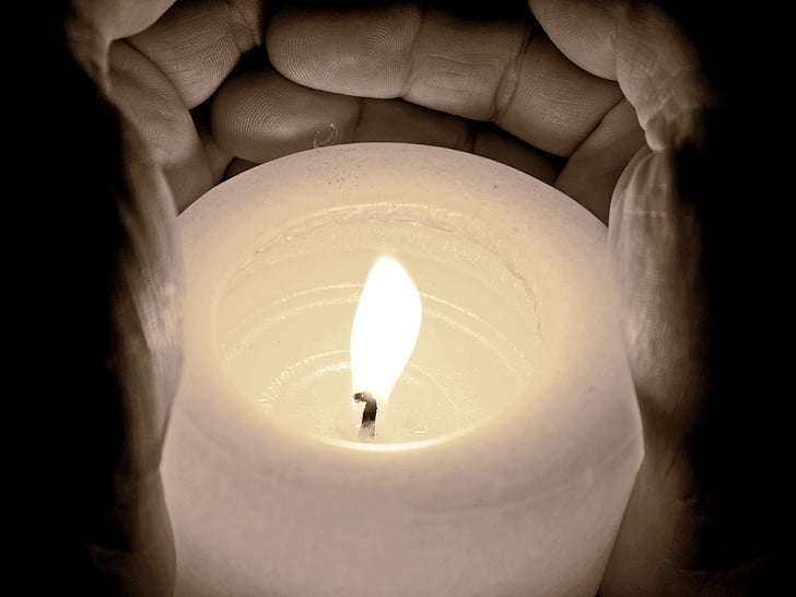 candle, light, burn, flame, dark, hands, protection