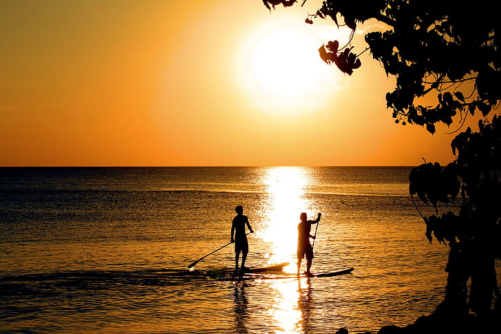 paddle, pôr do sol, sombra, silhueta, mar, pessoas, praia