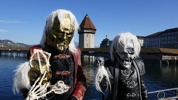karneval, Lucerne, maske, panel, nar-tid, vandtårn, Chapel-broen