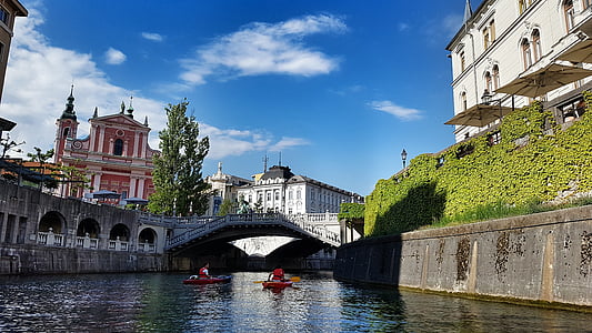 Ljubljana, floden, Slovenien, Bridge, Laibach, kanosejlads, arkitektur