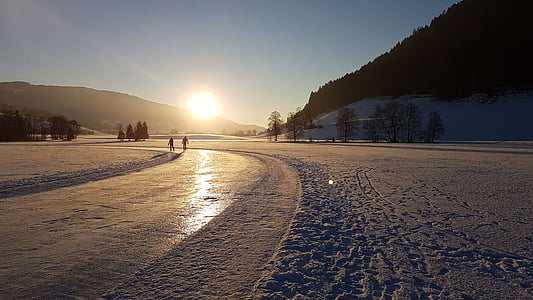 skating, snow, ice, landscape, sunset, sun, lens flare