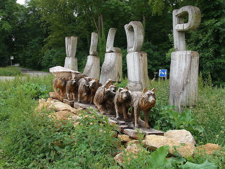 laukinės gamtos parkas, Mergentheim, medienos, skulptūra, vilkas, gyvūnai