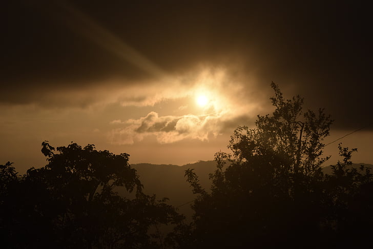 sunset, sky, silhouette, landscape, trees, clouds, nature