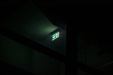 salida, signo de, emergencia, salida de emergencia, verde, oscuro, noche