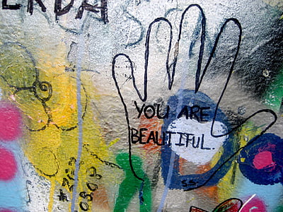 beautiful, beauty, self-esteem, encouragement, hand print, graffiti, compliment