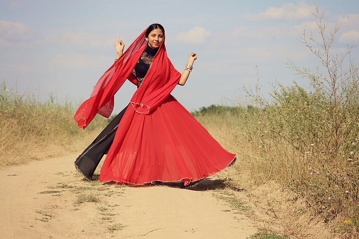 Κορίτσι, Ινδική, Χορός, κόκκινο, ανατολίτικο, κίνηση, ομορφιά