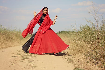 Dziewczyna, Indyjski, taniec, czerwony, orientalne, ruchu, piękno